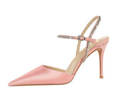 Satin Rhinestone Embellished Strap Stiletto Sandals EU 33 / Pink / 9.5CM